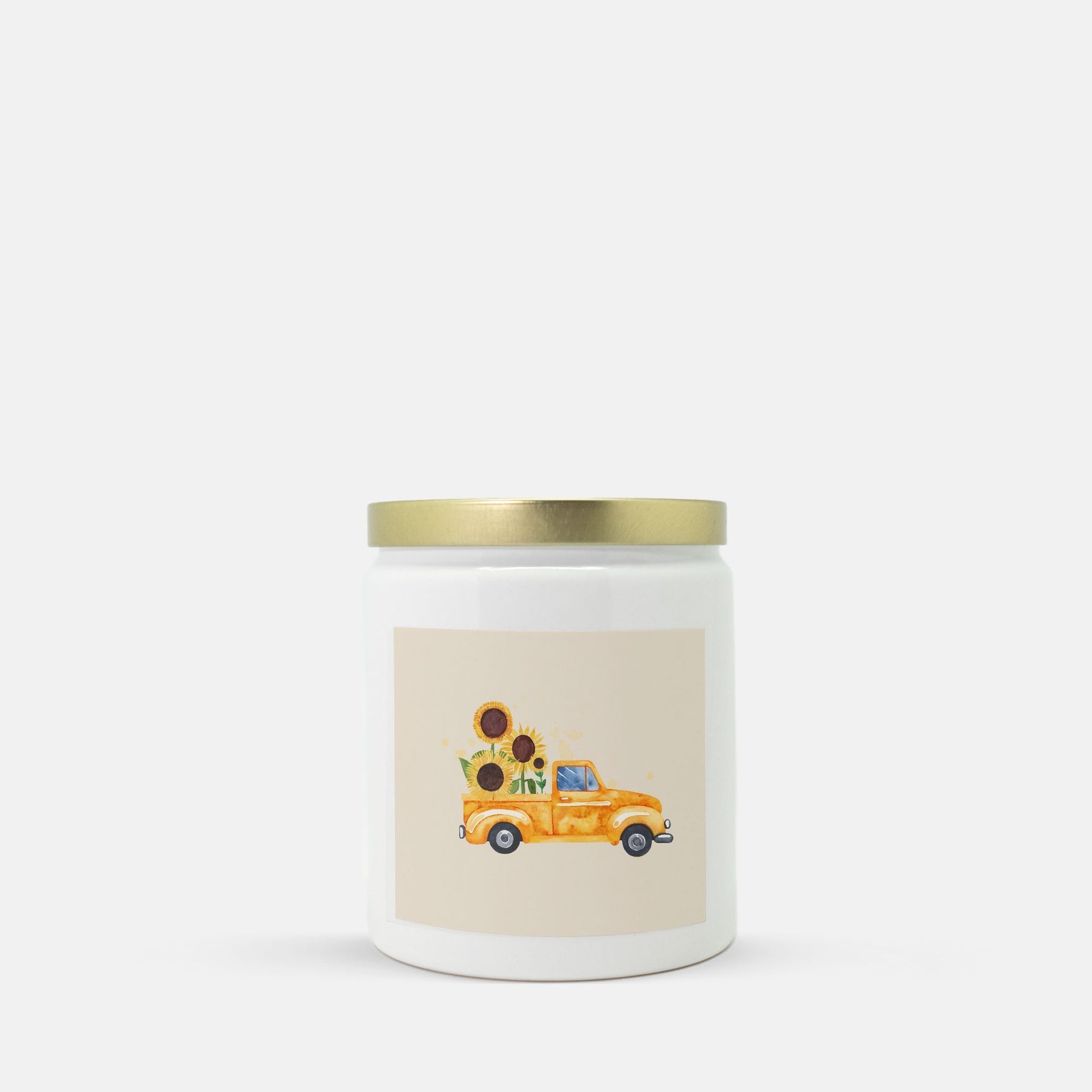 Lifestyle Details - Orange Rustic Truck & Sunflowers Ceramic Candle w Gold Lid - Vanilla Bean