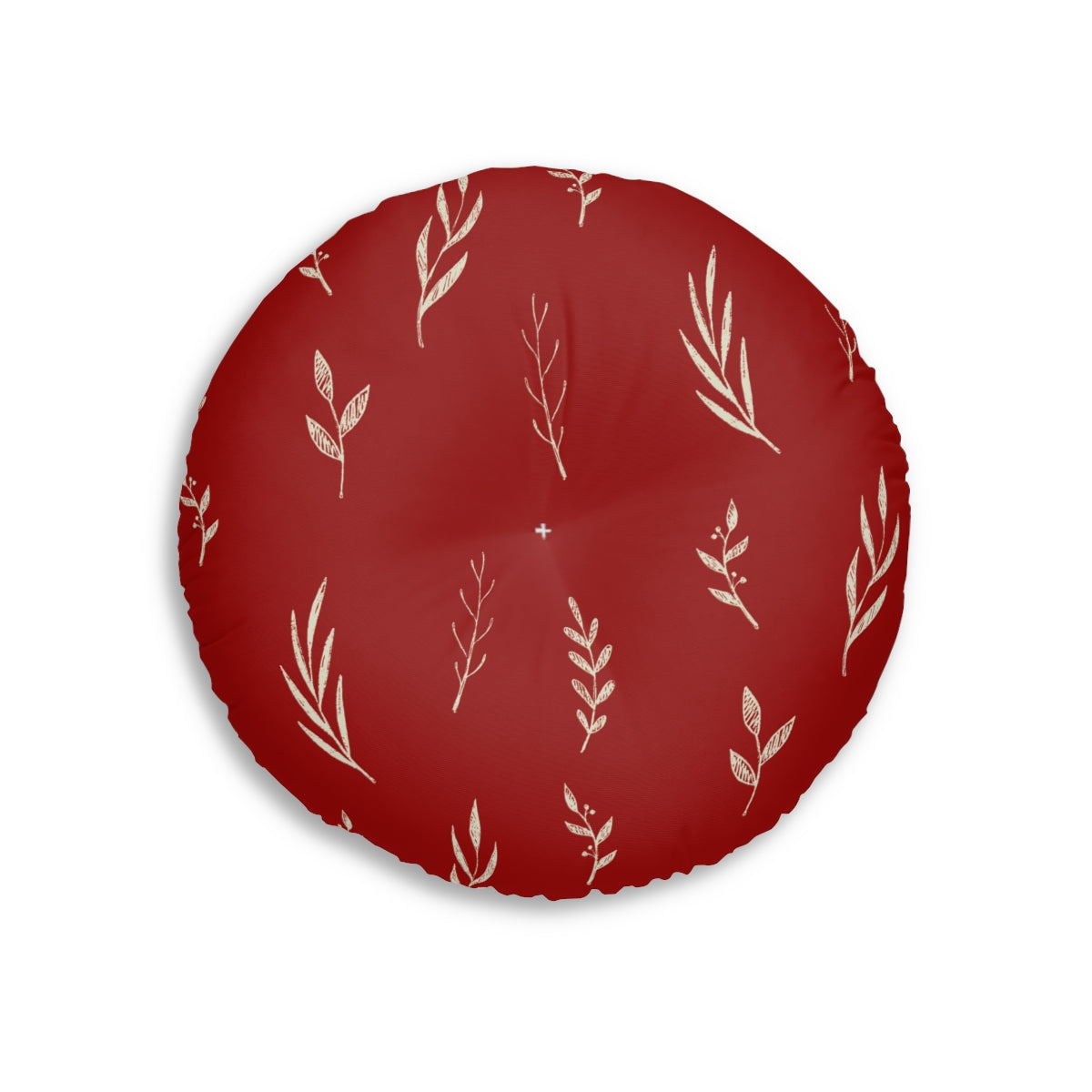 Lifestyle Details - Red Round Tufted Holiday Floor Pillow - White Garland - 26x26 - Front View