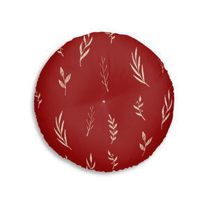 Lifestyle Details - Red Round Tufted Holiday Floor Pillow - White Garland - 26x26 - Back View