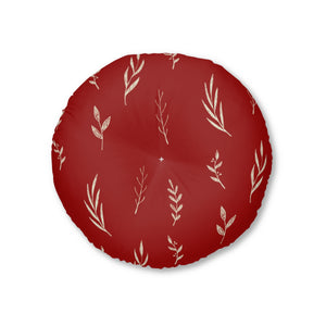Lifestyle Details - Red Round Tufted Holiday Floor Pillow - White Garland - 26x26 - Front View