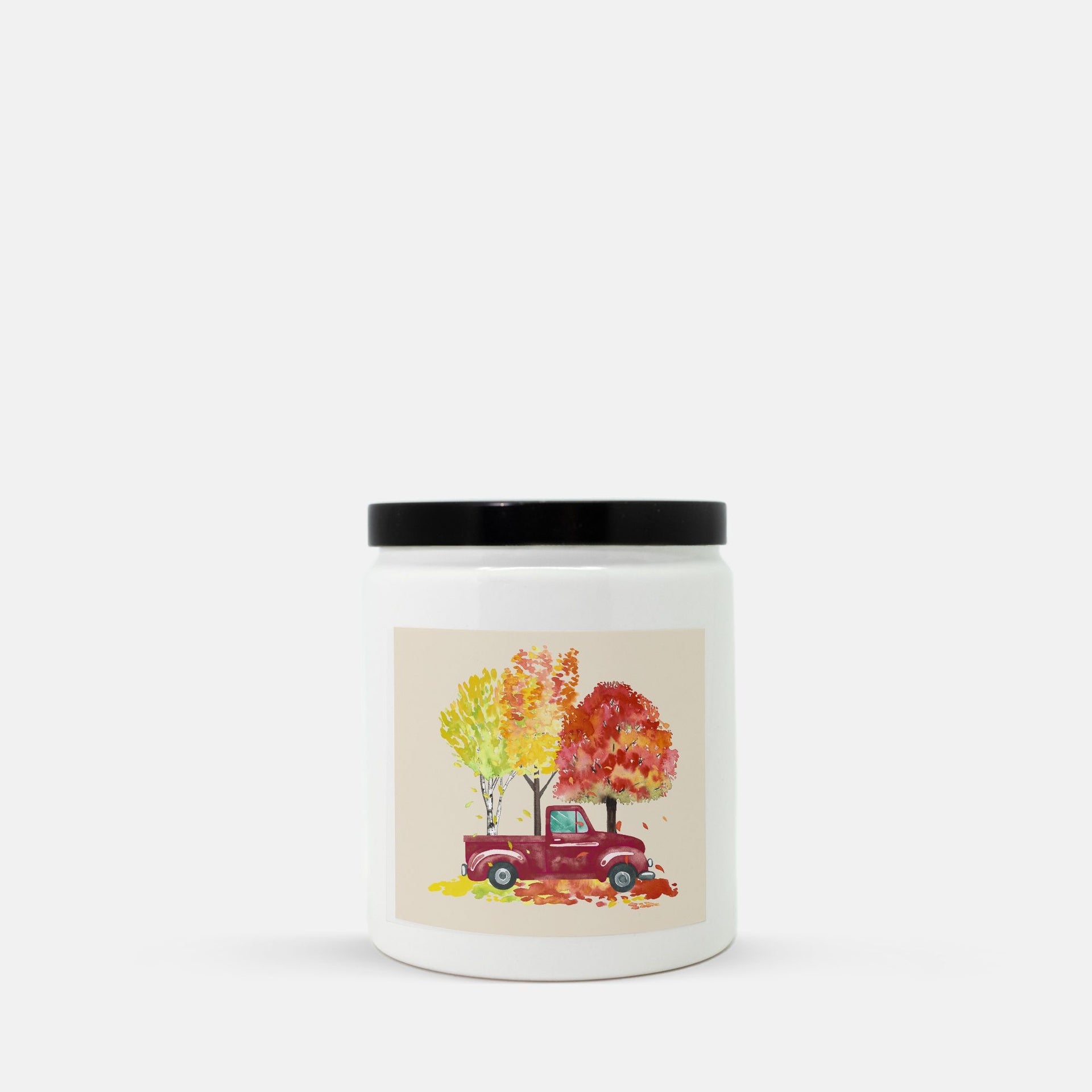 Lifestyle Details - Red Rustic Truck & Trees Ceramic Candle w Black Lid - Macintosh