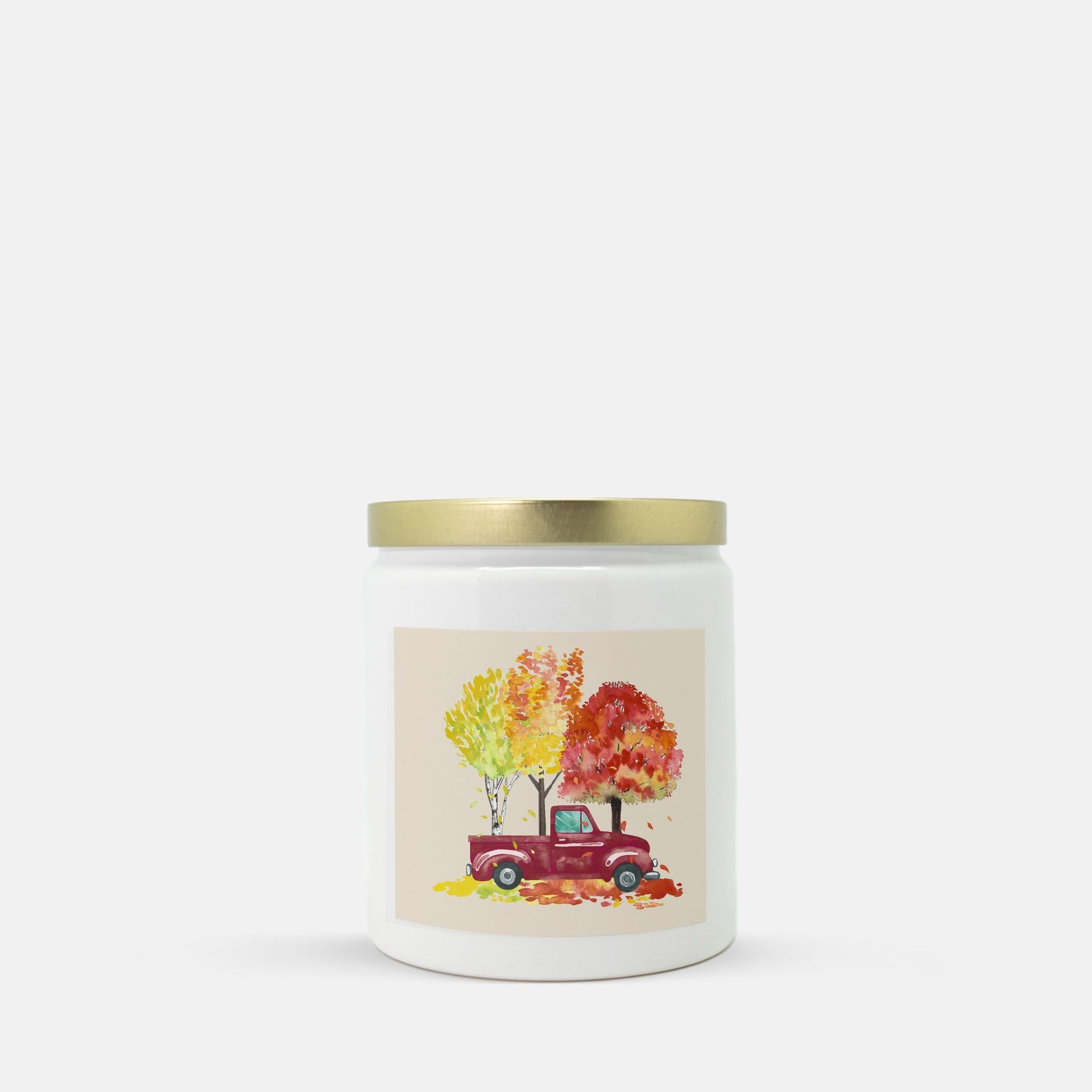 Lifestyle Details - Red Rustic Truck & Trees Ceramic Candle w Gold Lid - Vanilla Bean
