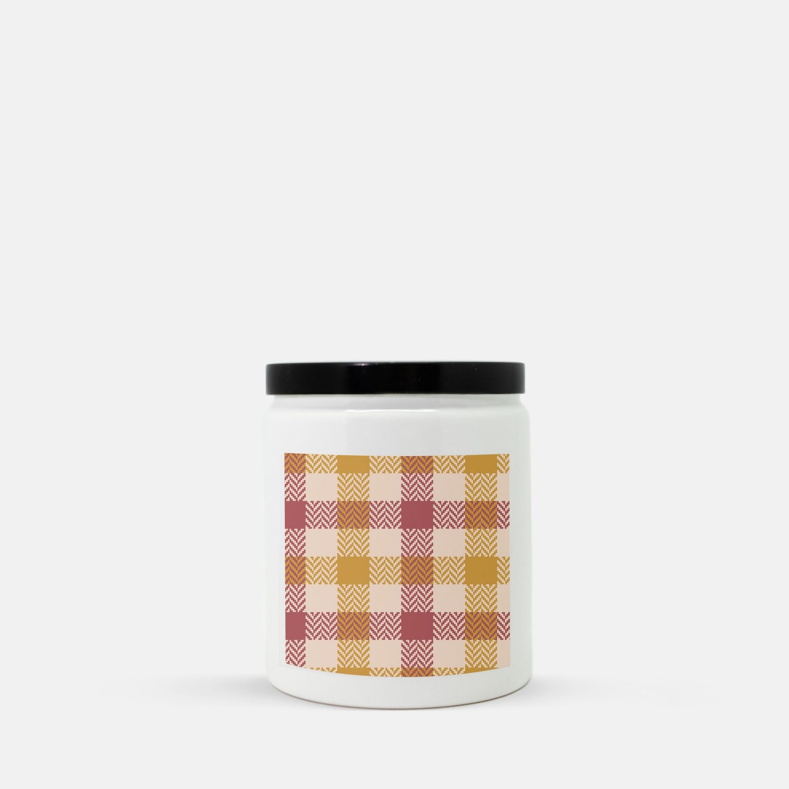 Lifestyle Details - Red & Orange Plaid Ceramic Candle w Black Lid - Vanilla Bean