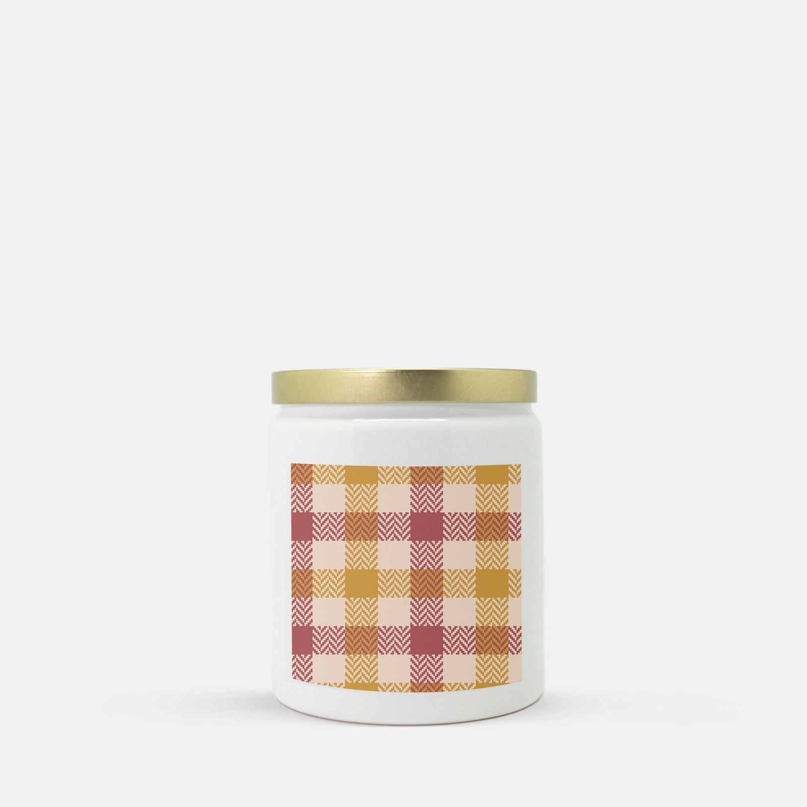 Lifestyle Details - Red & Orange Plaid Ceramic Candle w Gold Lid - Macintosh