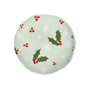 Lifestyle Details - Round Tufted Holiday Floor Pillow - Holly & Snowflakes - 26x26 - Front View