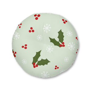 Lifestyle Details - Round Tufted Holiday Floor Pillow - Holly & Snowflakes - 30x30 - Front View