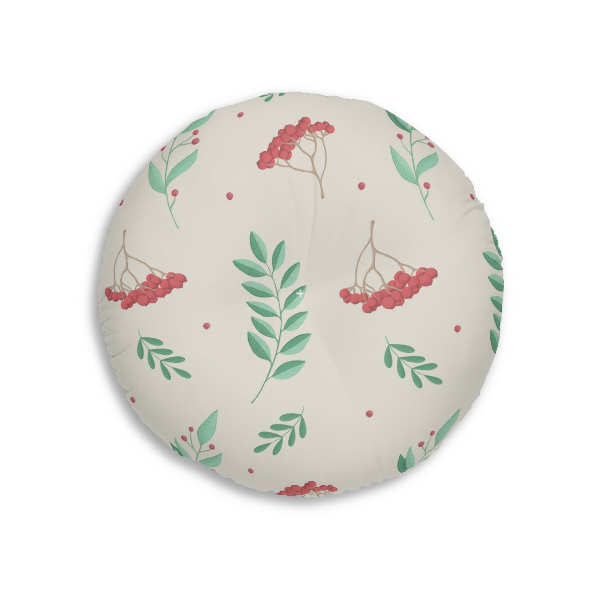 Lifestyle Details - Round Tufted Holiday Floor Pillow - Red & Green Evergreens - 26x26 - Front View