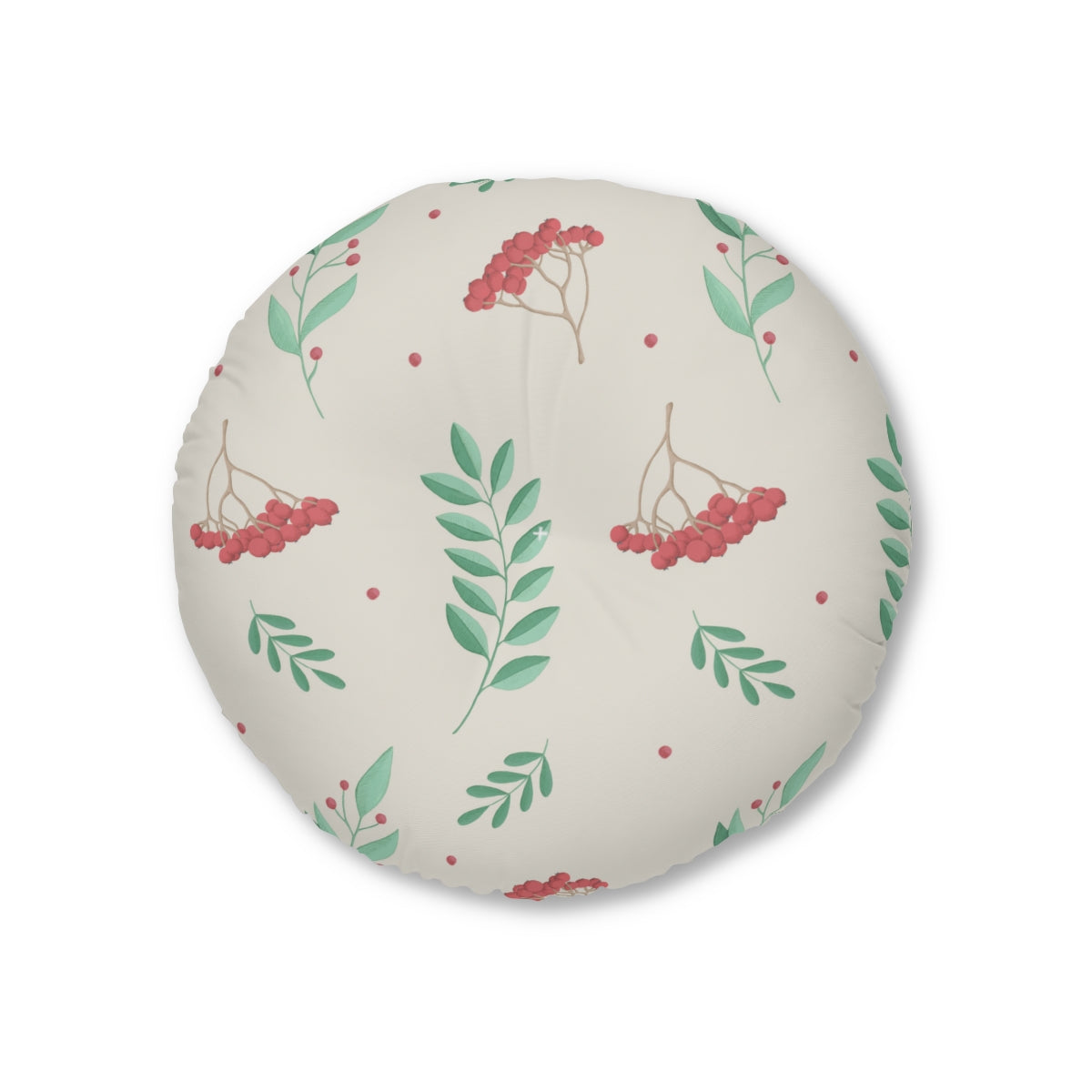 Lifestyle Details - Round Tufted Holiday Floor Pillow - Red & Green Evergreens - 26x26 - Front View