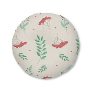 Lifestyle Details - Round Tufted Holiday Floor Pillow - Red & Green Evergreens - 30x30 - Front View