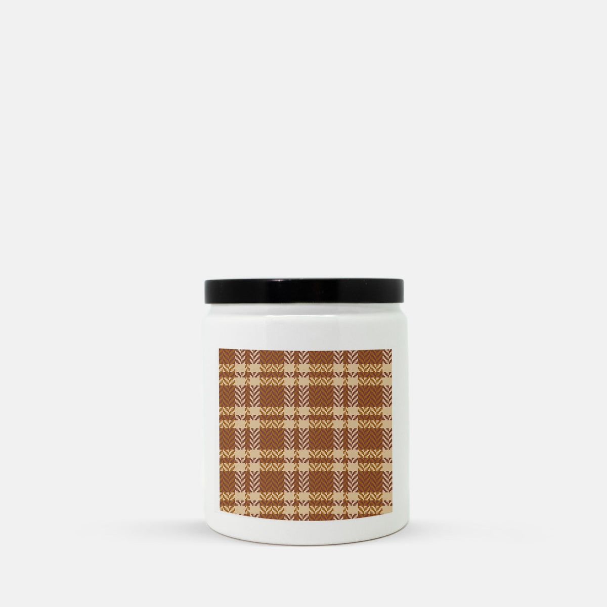 Lifestyle Details - Rust & Cream Plaid Ceramic Candle w Black Lid - Vanilla Bean