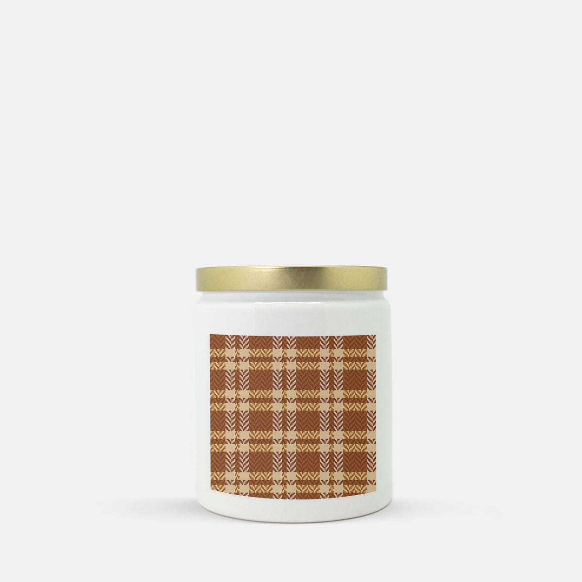 Lifestyle Details - Rust & Cream Plaid Ceramic Candle w Gold Lid - Macintosh