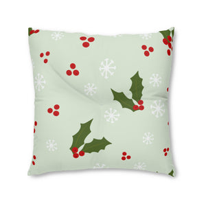 Lifestyle Details - Square Tufted Holiday Floor Pillow - Holly & Snowflakes - 30x30 - Front View
