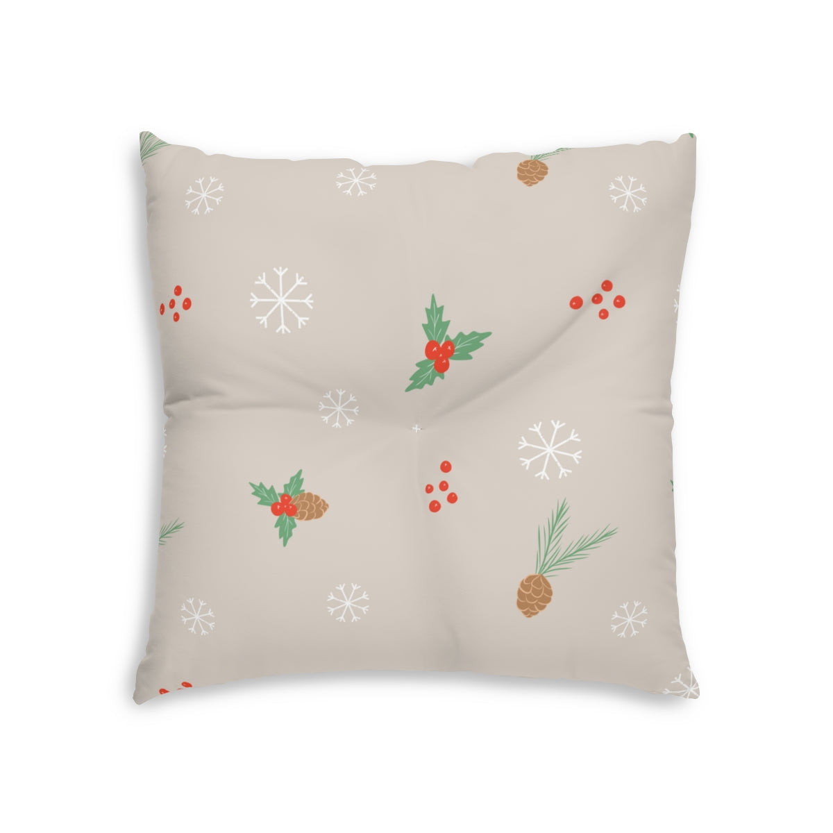 Lifestyle Details - Square Tufted Holiday Floor Pillow - Pinecones & Snowflakes - 26x26 - Front View