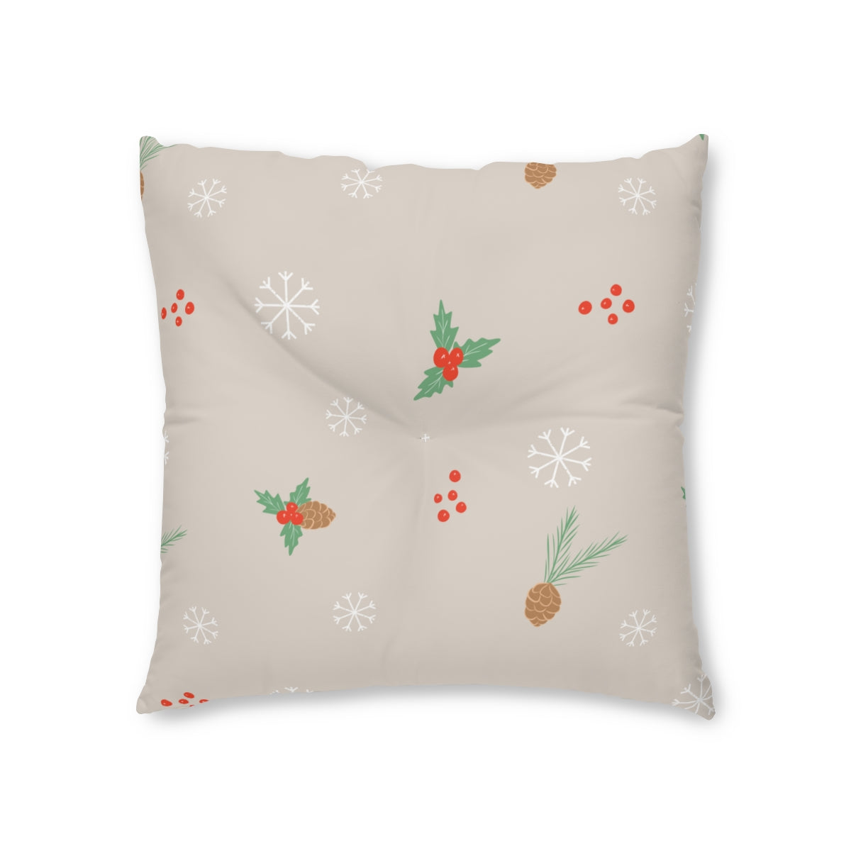 Lifestyle Details - Square Tufted Holiday Floor Pillow - Pinecones & Snowflakes - 26x26 - Front View