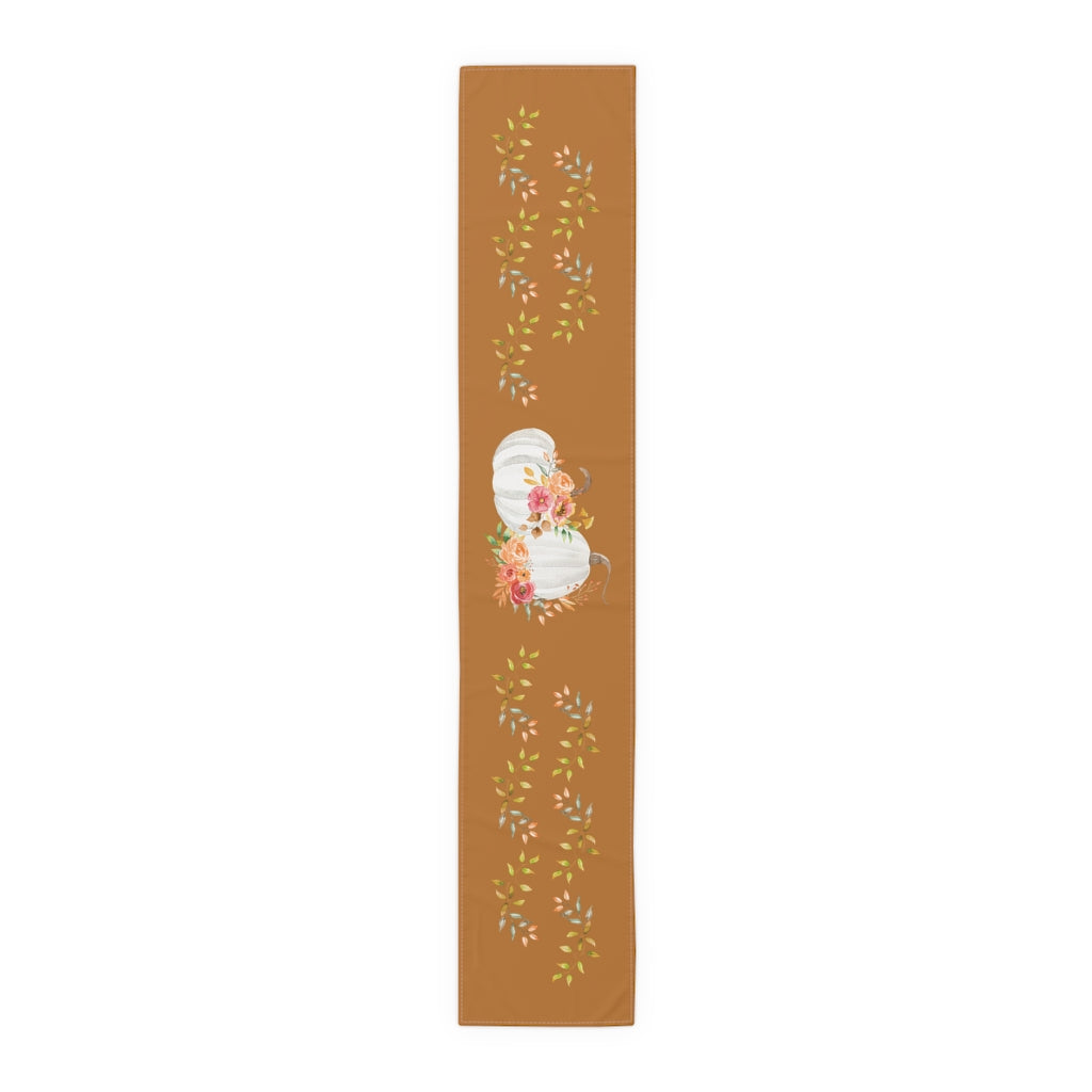 Lifestyle Details - Terracotta Table Runner - White Pumpkins & Leaves - Small - Front View