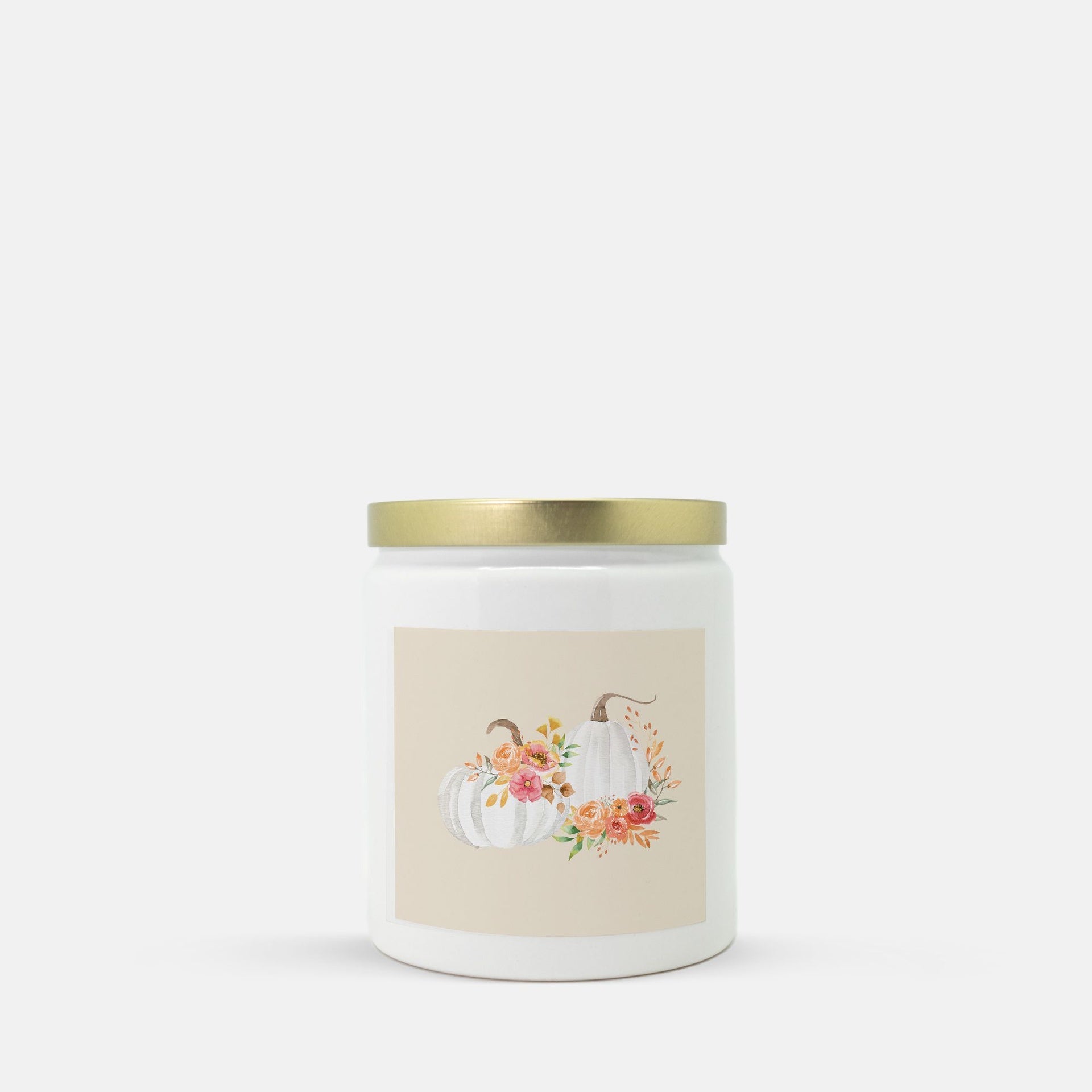 Lifestyle Details - White Pumpkins Watercolor Ceramic Candle w Gold Lid - Macintosh