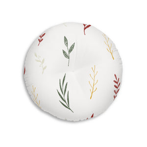 Lifestyle Details - White Round Tufted Holiday Floor Pillow - Colorful Garland - 26x26 - Back View