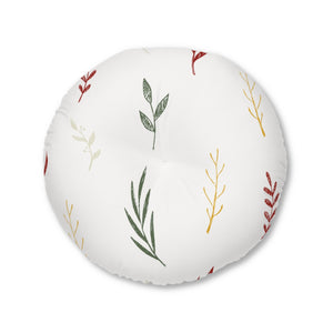 Lifestyle Details - White Round Tufted Holiday Floor Pillow - Colorful Garland - 30x30 - Front View