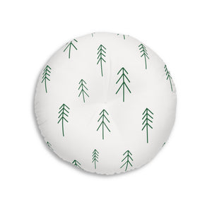 Lifestyle Details - White Round Tufted Holiday Floor Pillow - Evergreen Trees - 26x26 - Back View