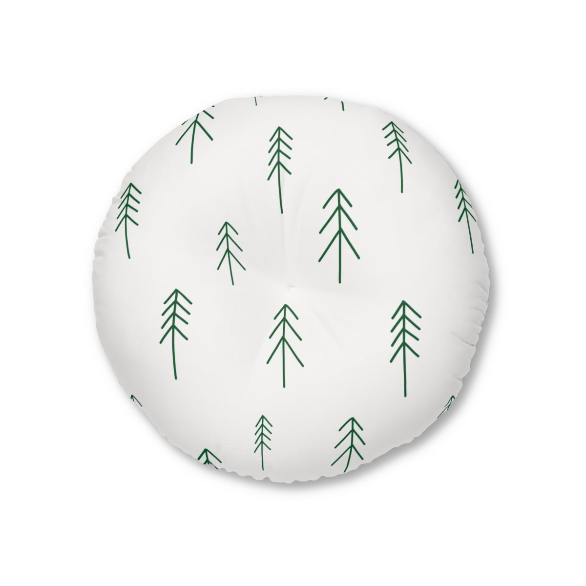 Lifestyle Details - White Round Tufted Holiday Floor Pillow - Evergreen Trees - 26x26 - Front View