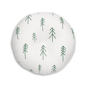 Lifestyle Details - White Round Tufted Holiday Floor Pillow - Evergreen Trees - 30x30 - Back View