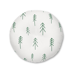Lifestyle Details - White Round Tufted Holiday Floor Pillow - Evergreen Trees - 30x30 - Front View