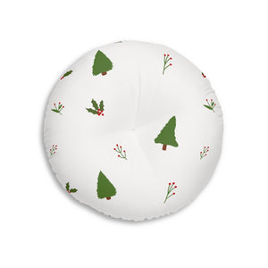 Lifestyle Details - White Round Tufted Holiday Floor Pillow - Holly & Trees - 26x26 - Back View