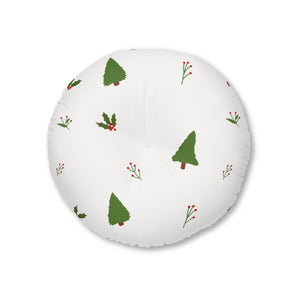 Lifestyle Details - White Round Tufted Holiday Floor Pillow - Holly & Trees - 26x26 - Front View