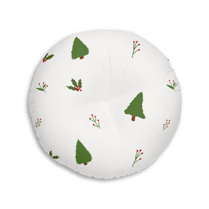 Lifestyle Details - White Round Tufted Holiday Floor Pillow - Holly & Trees - 30x30 - Back View