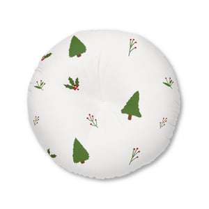 Lifestyle Details - White Round Tufted Holiday Floor Pillow - Holly & Trees - 30x30 - Front View