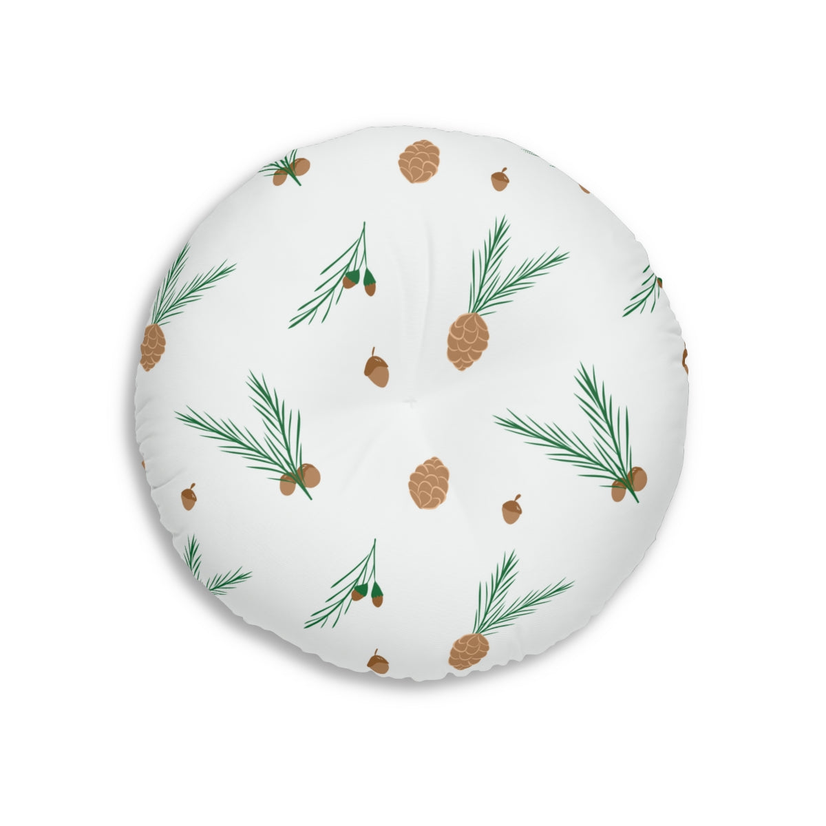 Lifestyle Details - White Round Tufted Holiday Floor Pillow - Pinecones - 26x26 - Front View