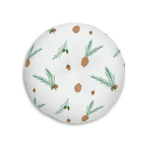 Lifestyle Details - White Round Tufted Holiday Floor Pillow - Pinecones - 26x26 - Back View