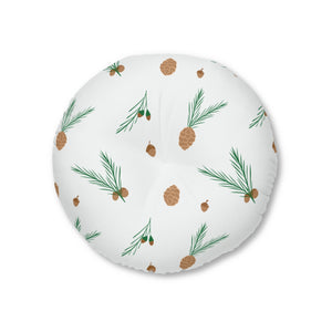 Lifestyle Details - White Round Tufted Holiday Floor Pillow - Pinecones - 26x26 - Front View