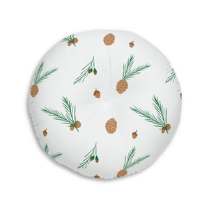 Lifestyle Details - White Round Tufted Holiday Floor Pillow - Pinecones - 30x30 - Back View