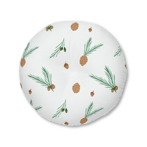 Lifestyle Details - White Round Tufted Holiday Floor Pillow - Pinecones - 30x30 - Front View