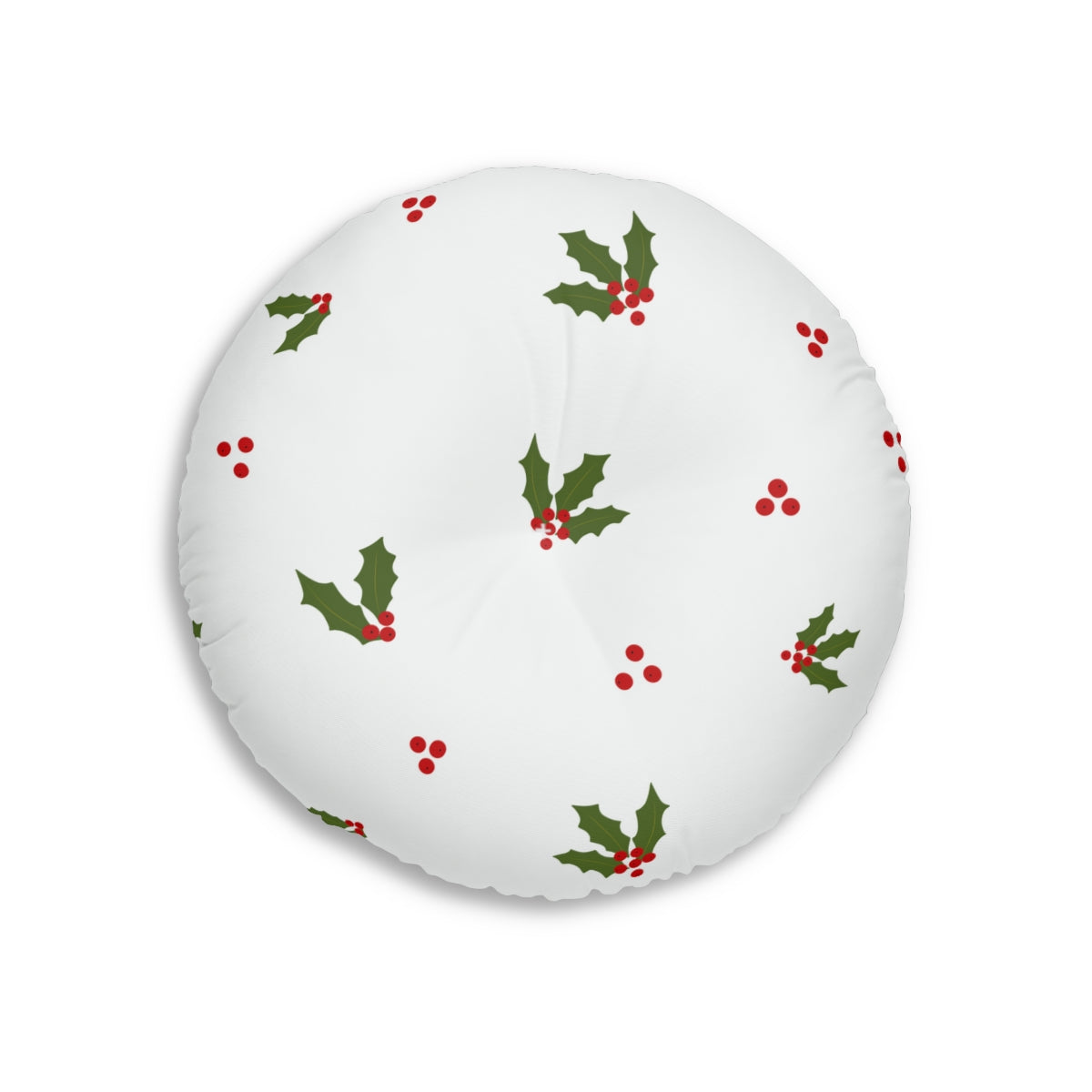 Lifestyle Details - White Round Tufted Holiday Floor Pillow - Red & Green Holly - 26x26 - Front View