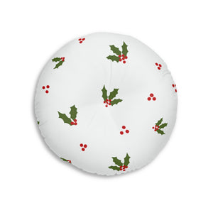 Lifestyle Details - White Round Tufted Holiday Floor Pillow - Red & Green Holly - 26x26 - Back View