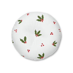 Lifestyle Details - White Round Tufted Holiday Floor Pillow - Red & Green Holly - 26x26 - Front View
