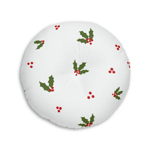 Lifestyle Details - White Round Tufted Holiday Floor Pillow - Red & Green Holly - 30x30 - Back View