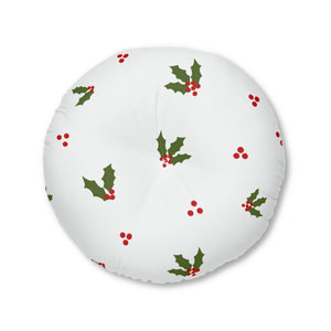 Lifestyle Details - White Round Tufted Holiday Floor Pillow - Red & Green Holly - 30x30 - Front View