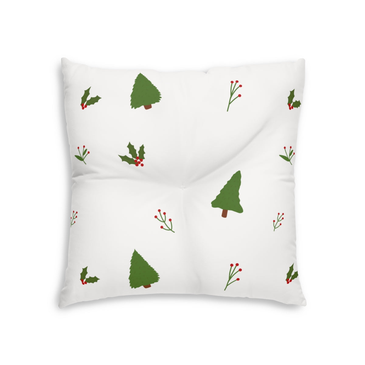 Lifestyle Details - White Square Tufted Holiday Floor Pillow - Evergreen Trees & Holly - 26x26 - Front View
