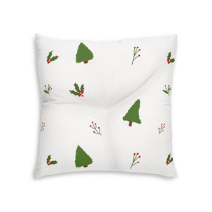 Lifestyle Details - White Square Tufted Holiday Floor Pillow - Evergreen Trees & Holly - 26x26 - Back View
