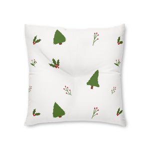 Lifestyle Details - White Square Tufted Holiday Floor Pillow - Evergreen Trees & Holly - 26x26 - Front View