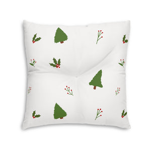 Lifestyle Details - White Square Tufted Holiday Floor Pillow - Evergreen Trees & Holly - 30x30 - Back View