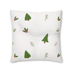 Lifestyle Details - White Square Tufted Holiday Floor Pillow - Evergreen Trees & Holly - 30x30 - Front View