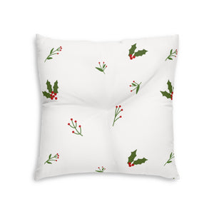 Lifestyle Details - White Square Tufted Holiday Floor Pillow - Holly - 26x26 - Back View