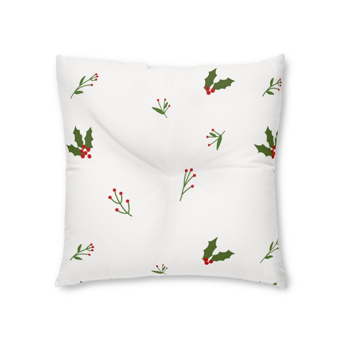Lifestyle Details - White Square Tufted Holiday Floor Pillow - Holly - 26x26 - Front View