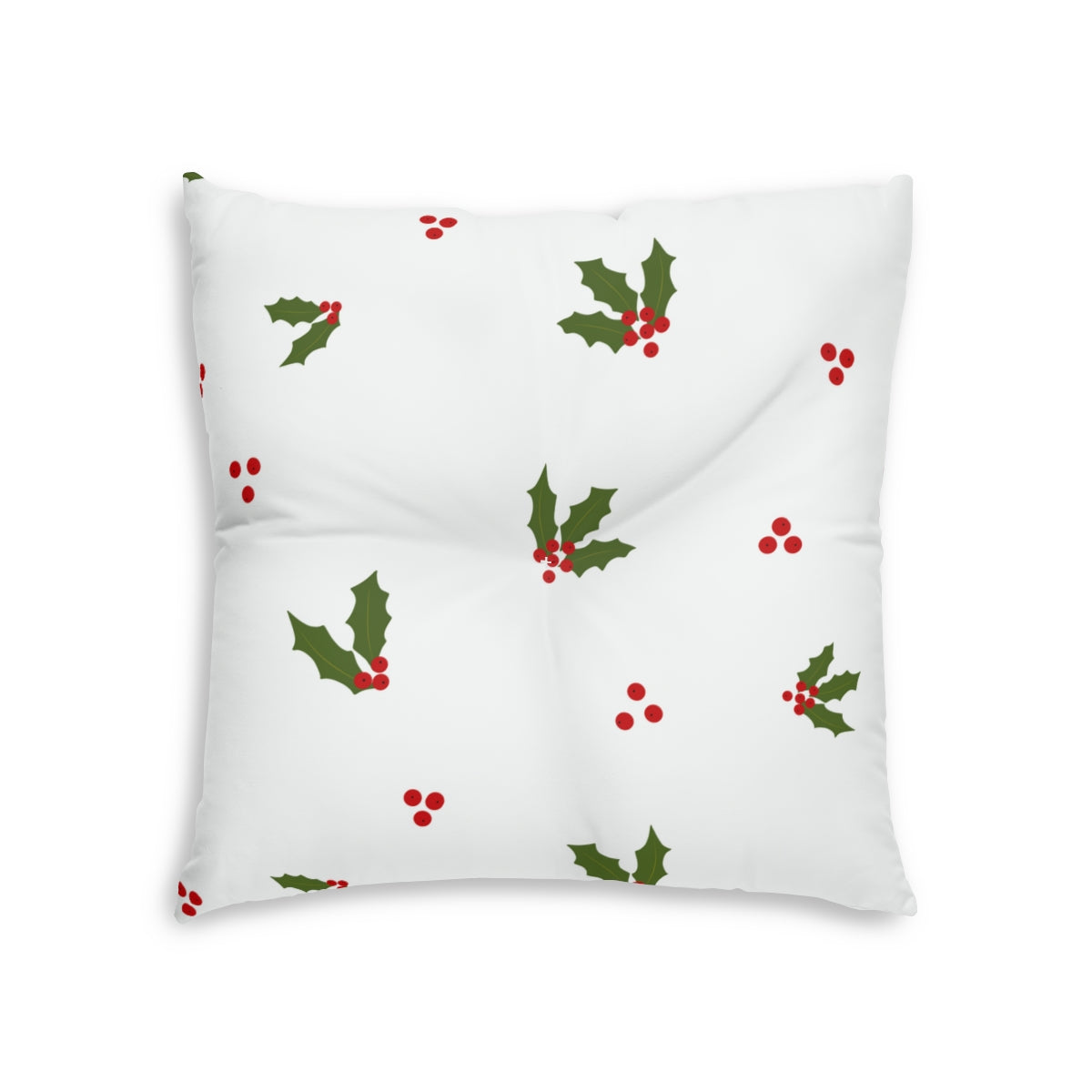 Lifestyle Details - White Square Tufted Holiday Floor Pillow - Red & Green Holly - 26x26 - Front View