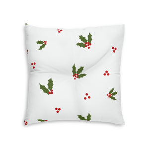 Lifestyle Details - White Square Tufted Holiday Floor Pillow - Red & Green Holly - 26x26 - Back View