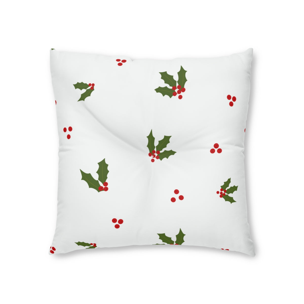 Lifestyle Details - White Square Tufted Holiday Floor Pillow - Red & Green Holly - 26x26 - Front View